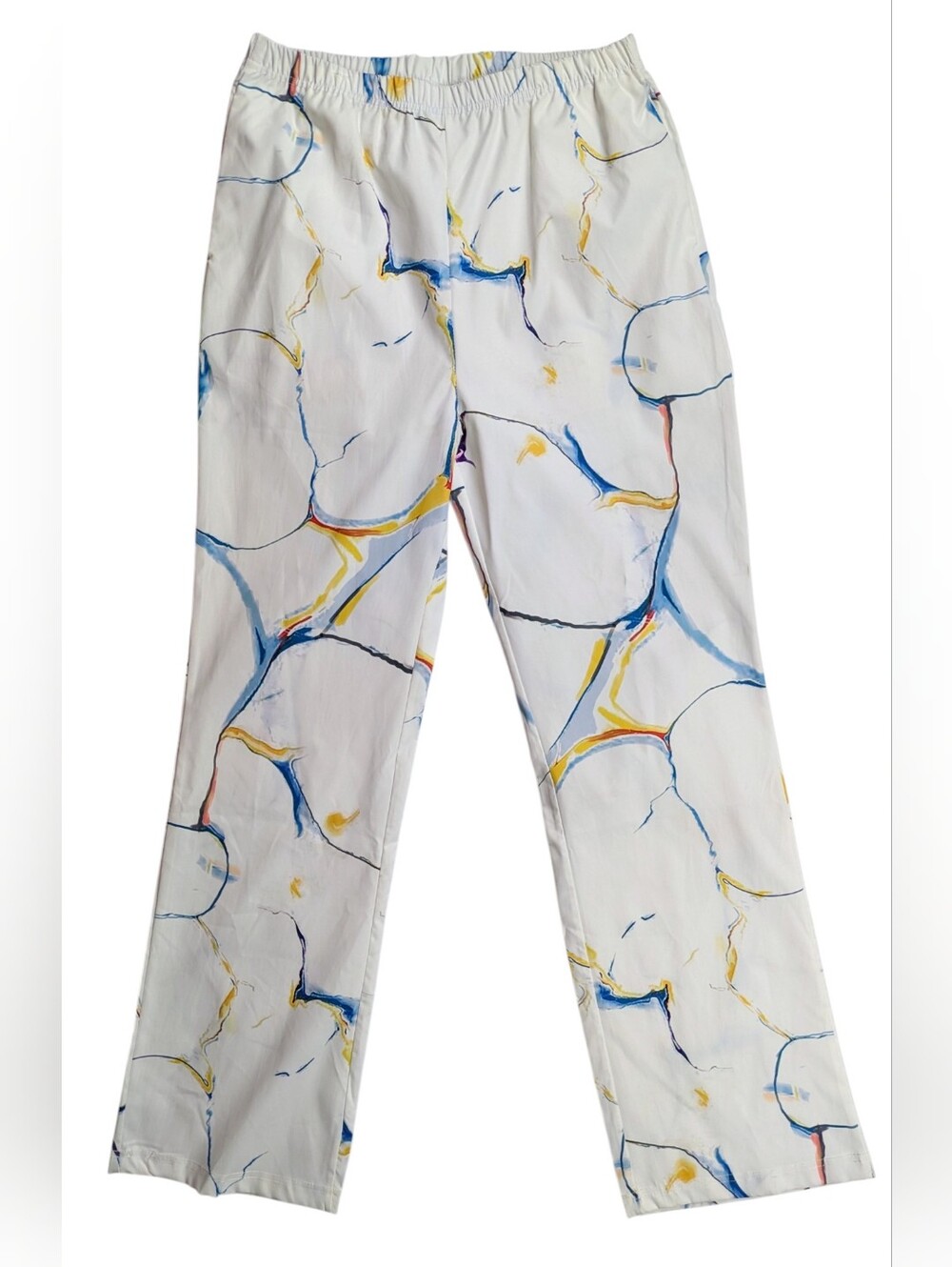 Source Unknown White Straight-Leg Pants with Blue & Yellow Marble Print